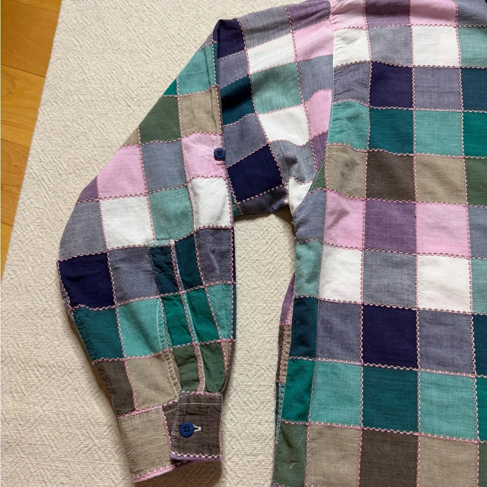 VTG 90s Pastel Patchwork Plaid Stitched Button Down Shirt L Cottage Core - Picture 4 of 7